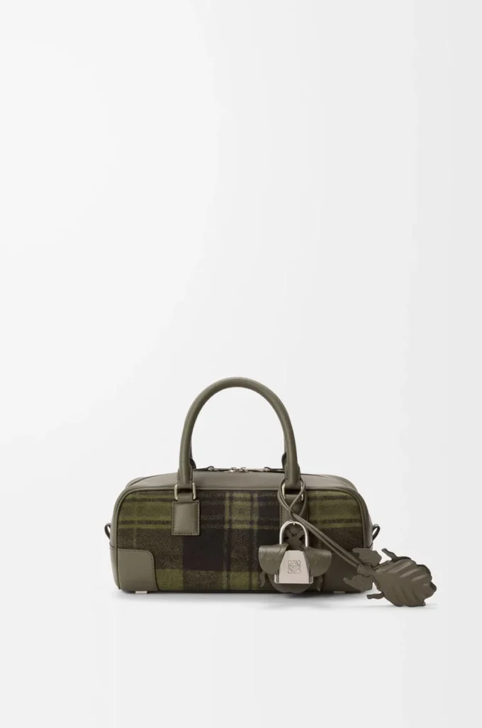 Amazona 23 cropped bag in tartan suede and nappa calfskin Khaki/Green Amazona 23 cropped bag in tartan suede and nappa calfskin Khaki/Green