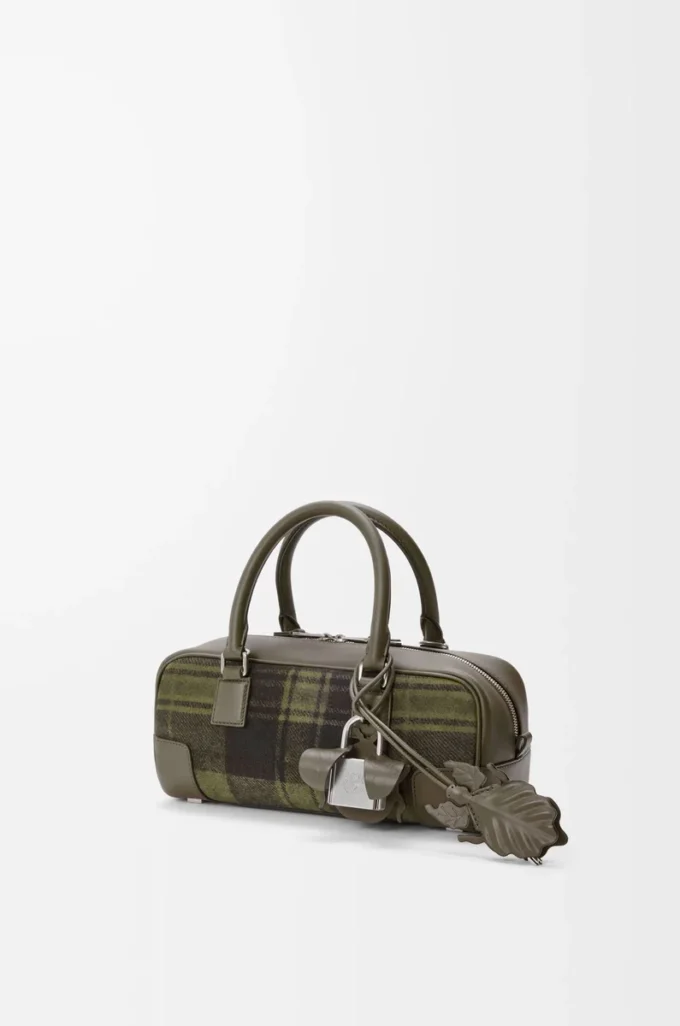 Amazona 23 cropped bag in tartan suede and nappa calfskin Khaki/Green Amazona 23 cropped bag in tartan suede and nappa calfskin Khaki/Green