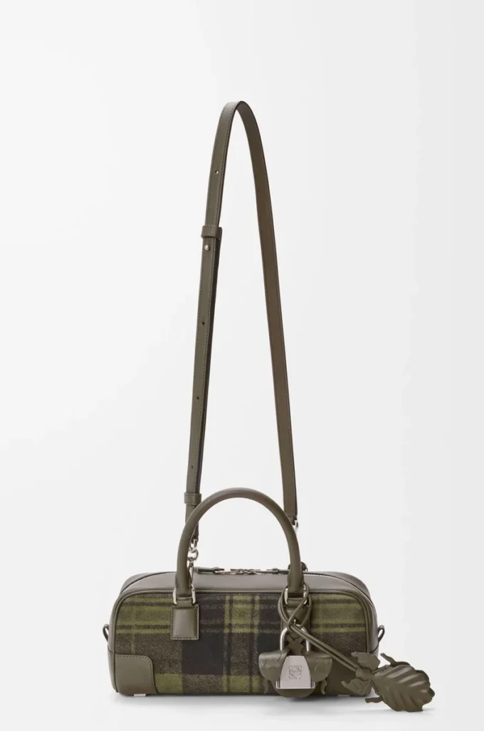 Amazona 23 cropped bag in tartan suede and nappa calfskin Khaki/Green Amazona 23 cropped bag in tartan suede and nappa calfskin Khaki/Green