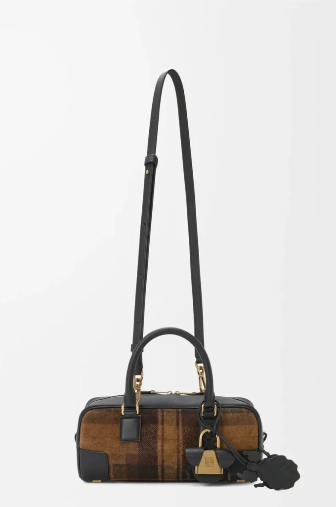 Amazona 23 cropped bag in tartan suede and nappa calfskin Tan/Black Amazona 23 cropped bag in tartan suede and nappa calfskin Tan/Black