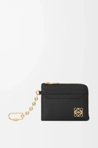 Anagram square coin cardholder in pebble grained calfskin Black/Gold