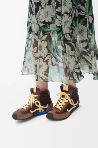 Ballet Runner 2.0 high-top in nylon and calfskin Brown/Yellow/Blue