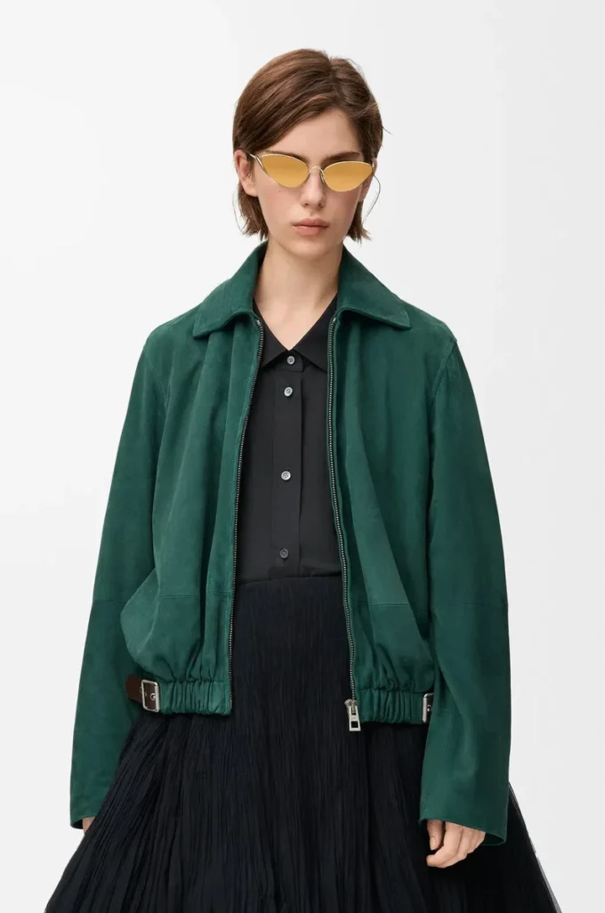 Belted jacket in suede goatskin Green Belted jacket in suede goatskin Green