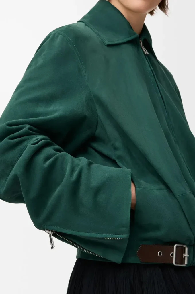 Belted jacket in suede goatskin Green Belted jacket in suede goatskin Green