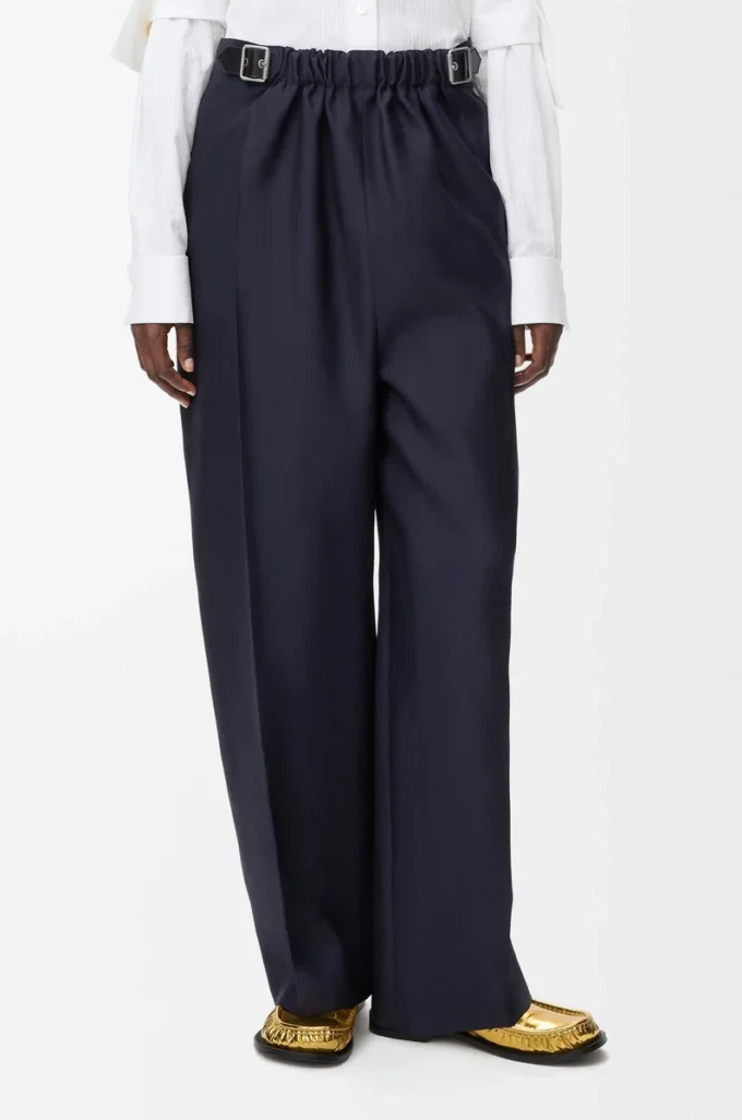 Belted trousers in wool and silk Navy Blue