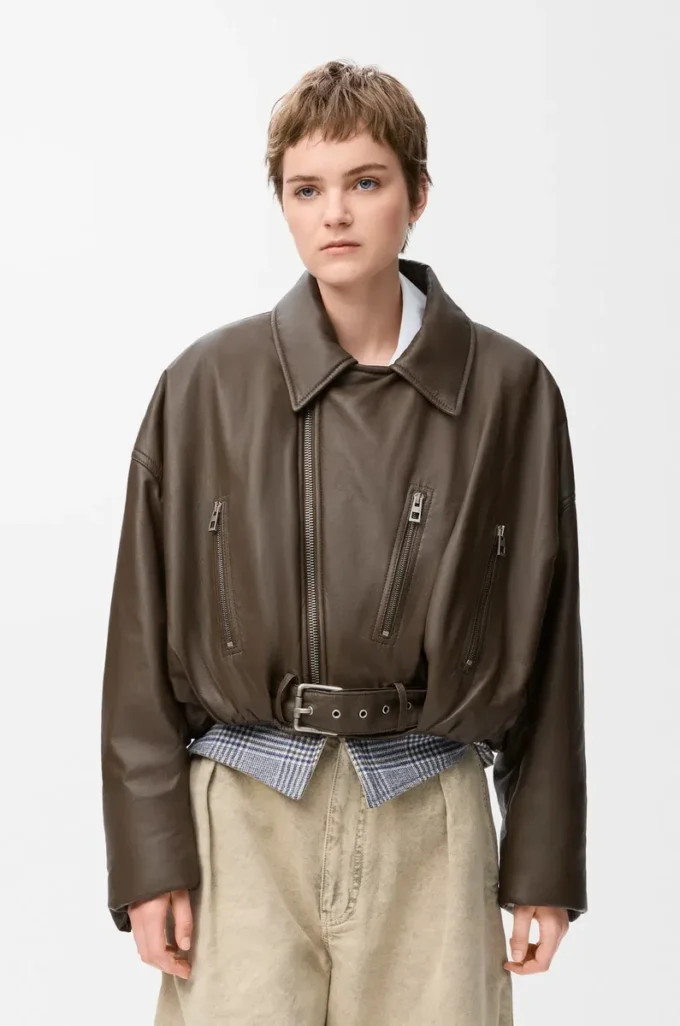 Biker jacket in nappa lambskin Khaki Green