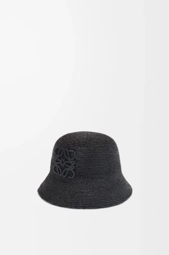Bucket hat in raffia and calfskin Black