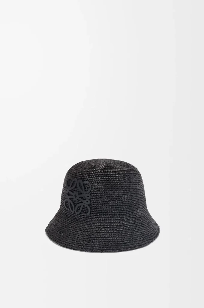 Bucket hat in raffia and calfskin Black