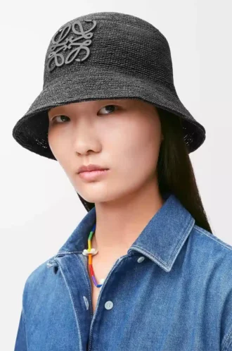 Bucket hat in raffia and calfskin Black