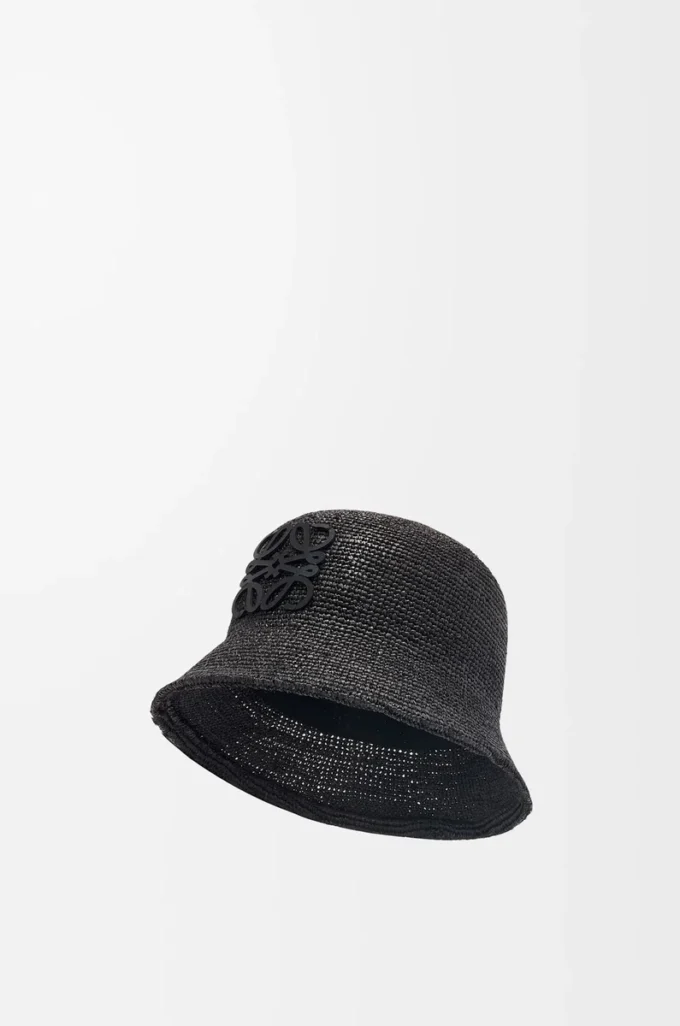 Bucket hat in raffia and calfskin Black
