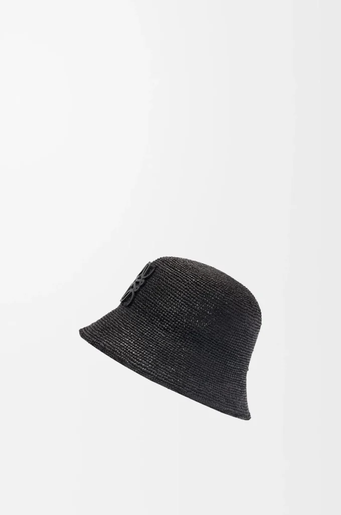 Bucket hat in raffia and calfskin Black