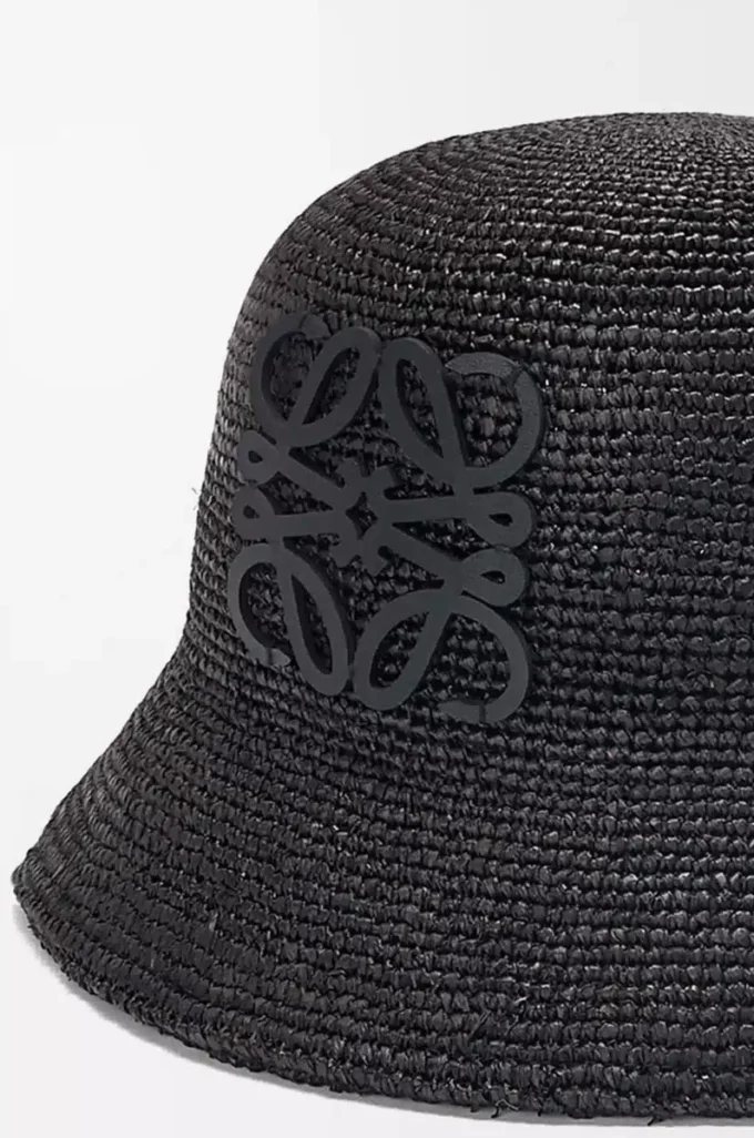 Bucket hat in raffia and calfskin Black