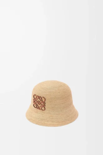 Bucket hat in raffia and calfskin Natural