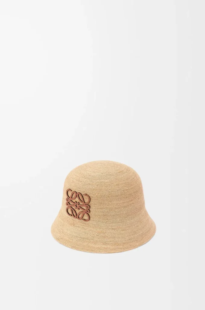 Bucket hat in raffia and calfskin Natural