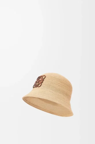 Bucket hat in raffia and calfskin Natural