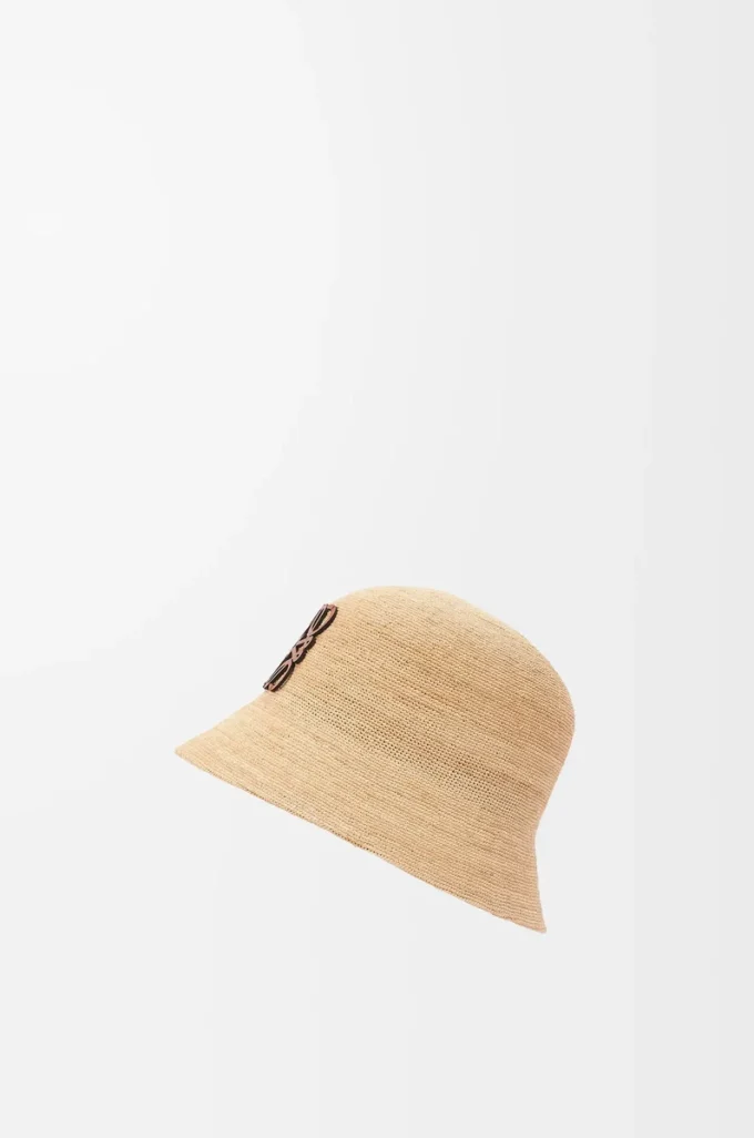 Bucket hat in raffia and calfskin Natural