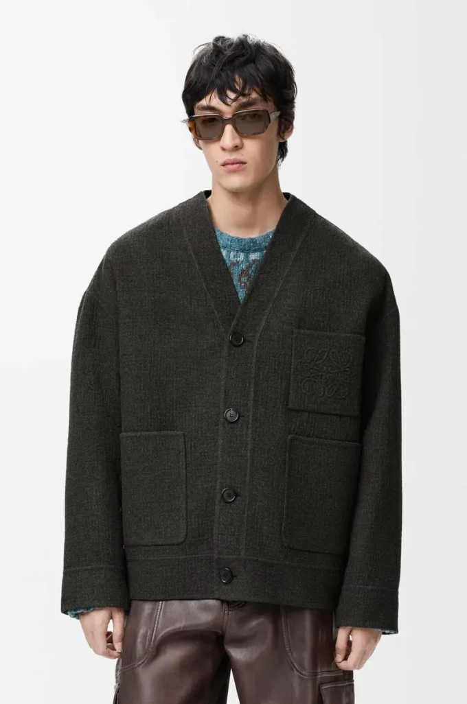 Cardigan in wool and silk Khaki Brown/Blue Cardigan in wool and silk Khaki Brown/Blue