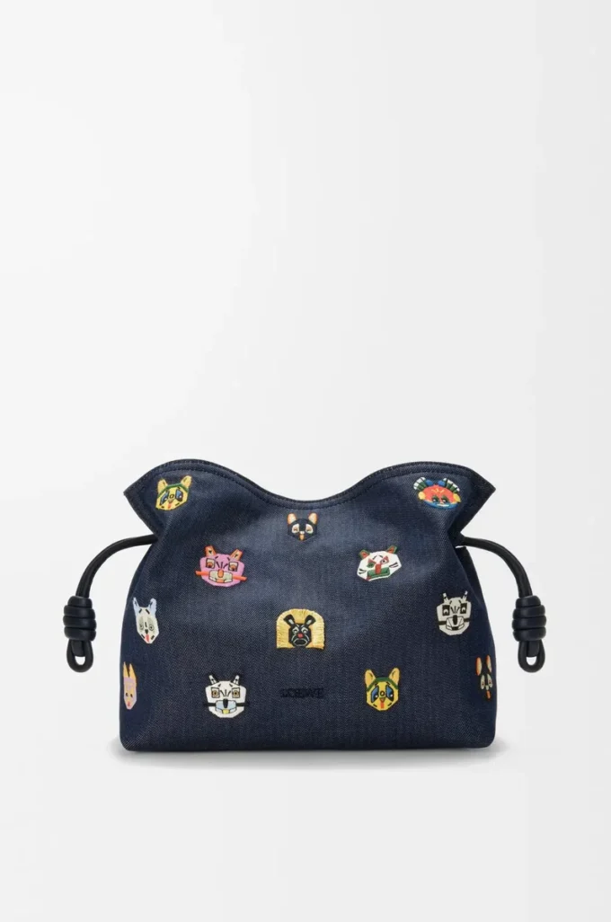 Cats medium Flamenco clutch in embroidered denim Blue Cats medium Flamenco clutch in embroidered denim Blue