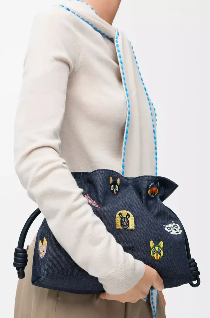 Cats medium Flamenco clutch in embroidered denim Blue Cats medium Flamenco clutch in embroidered denim Blue
