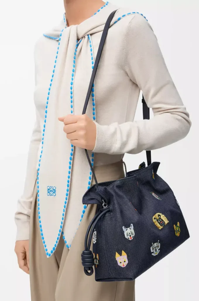 Cats medium Flamenco clutch in embroidered denim Blue Cats medium Flamenco clutch in embroidered denim Blue