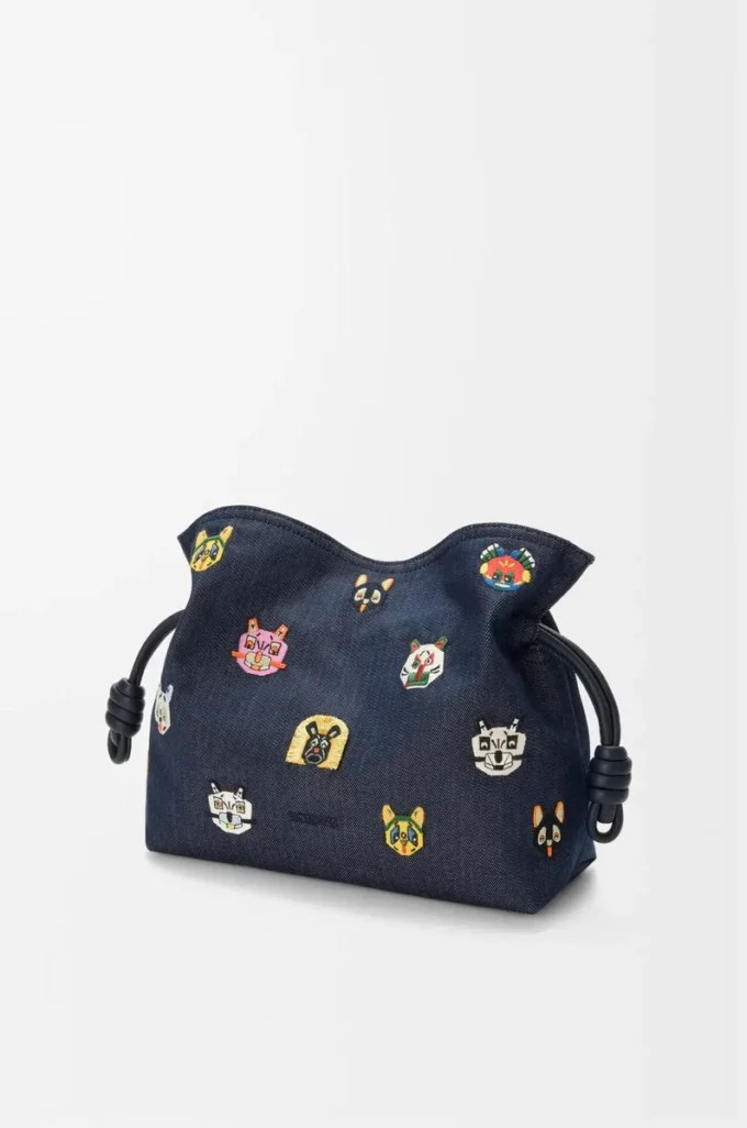 Cats medium Flamenco clutch in embroidered denim Blue Cats medium Flamenco clutch in embroidered denim Blue