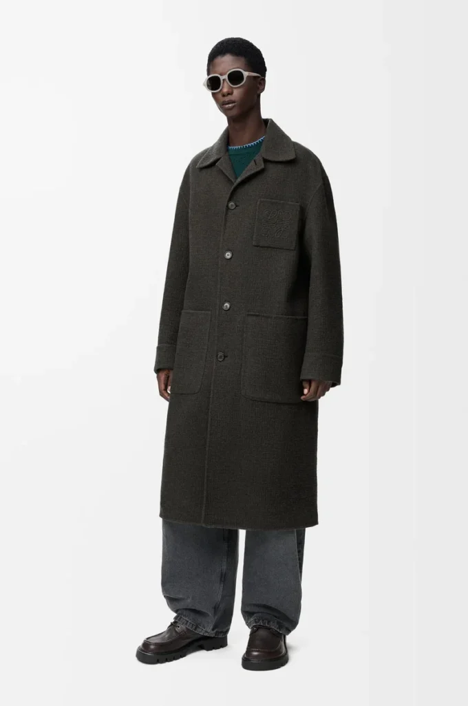 Coat in wool and silk Khaki Brown/Blue Coat in wool and silk Khaki Brown/Blue
