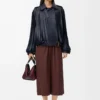 Cropped belted trousers in cotton and silk Coffee Cropped belted trousers in cotton and silk Coffee