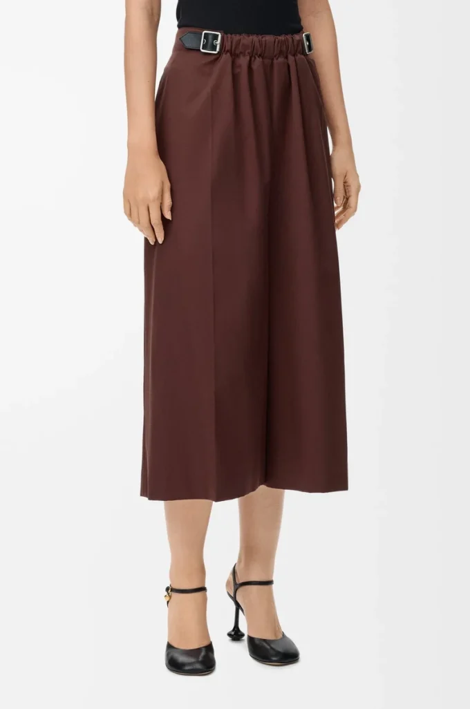 Cropped belted trousers in cotton and silk Coffee Cropped belted trousers in cotton and silk Coffee