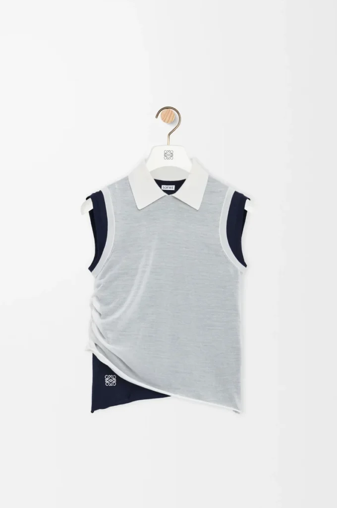 Draped top in cashmere White/Navy Blue