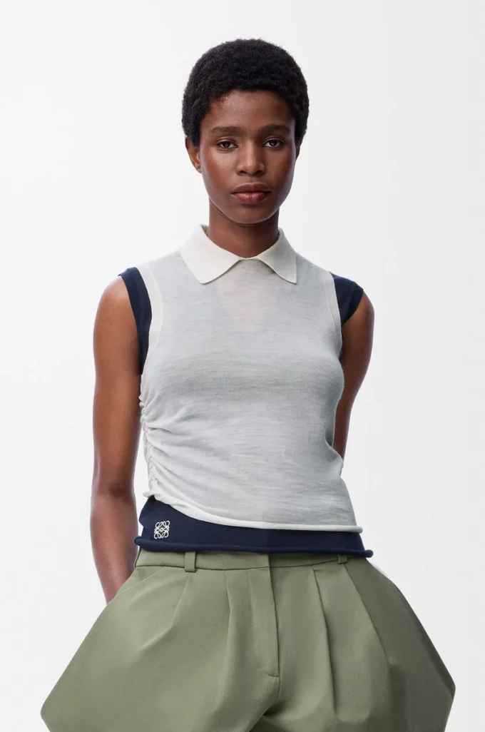 Draped top in cashmere White/Navy Blue