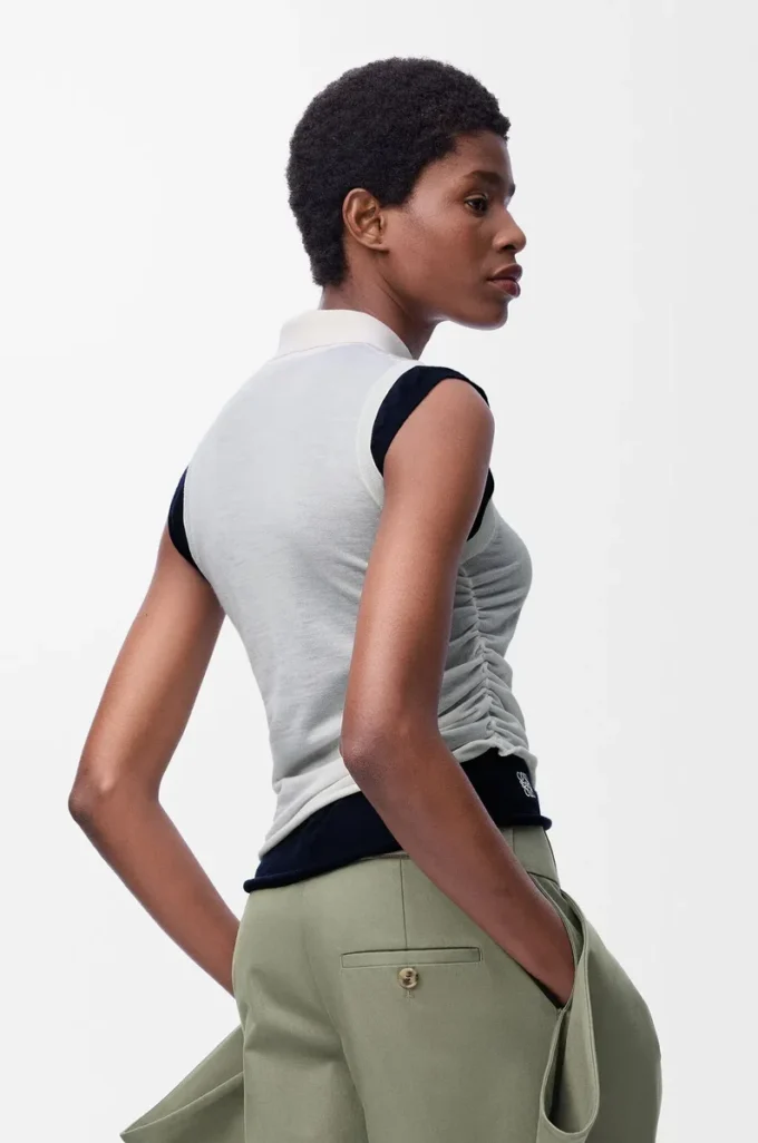 Draped top in cashmere White/Navy Blue