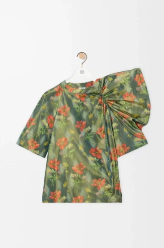 Draped top in silk blend taffeta Dark Green/Red