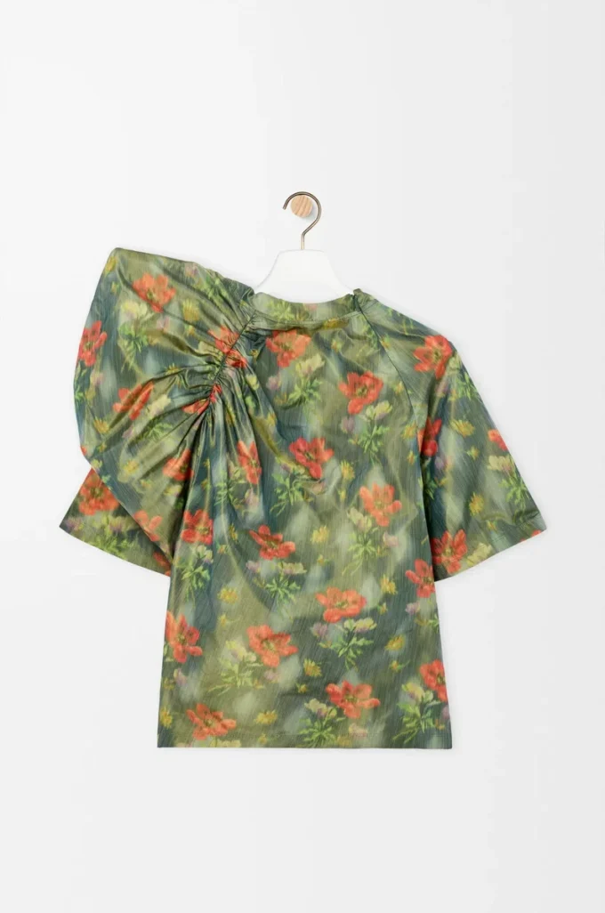 Draped top in silk blend taffeta Dark Green/Red