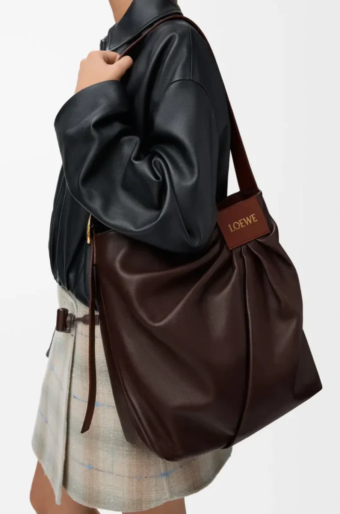 Draped tote in mellow nappa lambskin Dark Chestnut