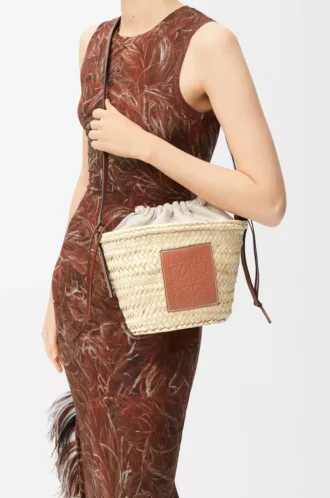 Drawstring bucket in palm leaf and calfskin Natural/Tan