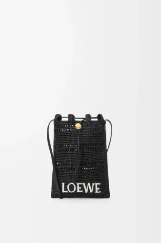 Drawstring pocket in raffia Black
