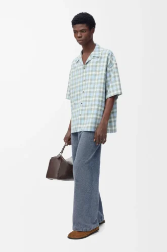 Drawstring trousers in cotton and linen Grey Blue