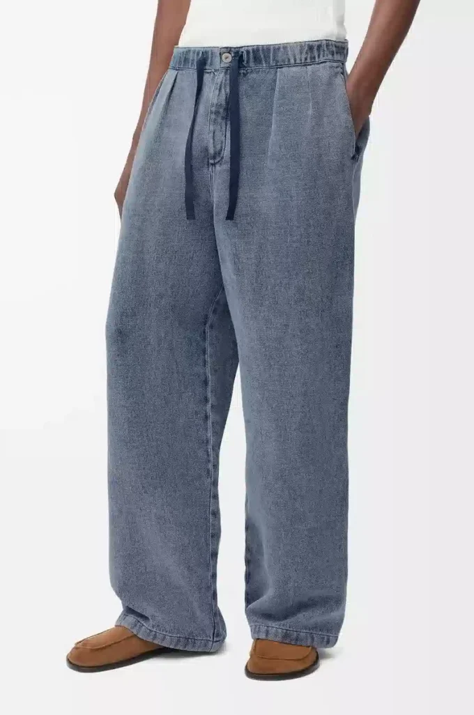 Drawstring trousers in cotton and linen Grey Blue Drawstring trousers in cotton and linen Grey Blue