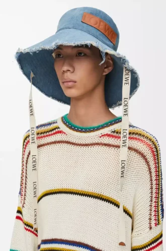 Frayed fisherman hat in denim and calfskin Blue Denim