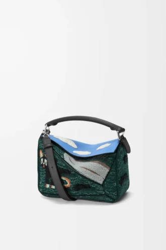 Futurist Cat small Puzzle bag in embroidered knit and classic calfskin Multicolor Green