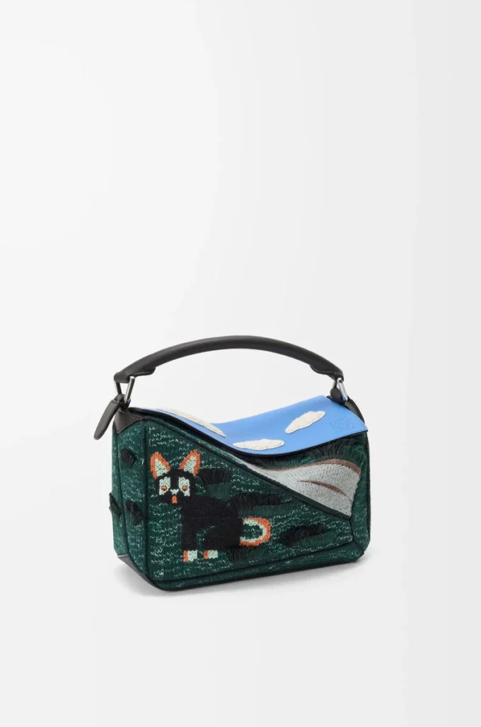 Futurist Cat small Puzzle bag in embroidered knit and classic calfskin Multicolor Green Futurist Cat small Puzzle bag in embroidered knit and classic calfskin Multicolor Green