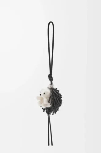 Hedgehog charm in felt, beads and calfskin Black/Soft White