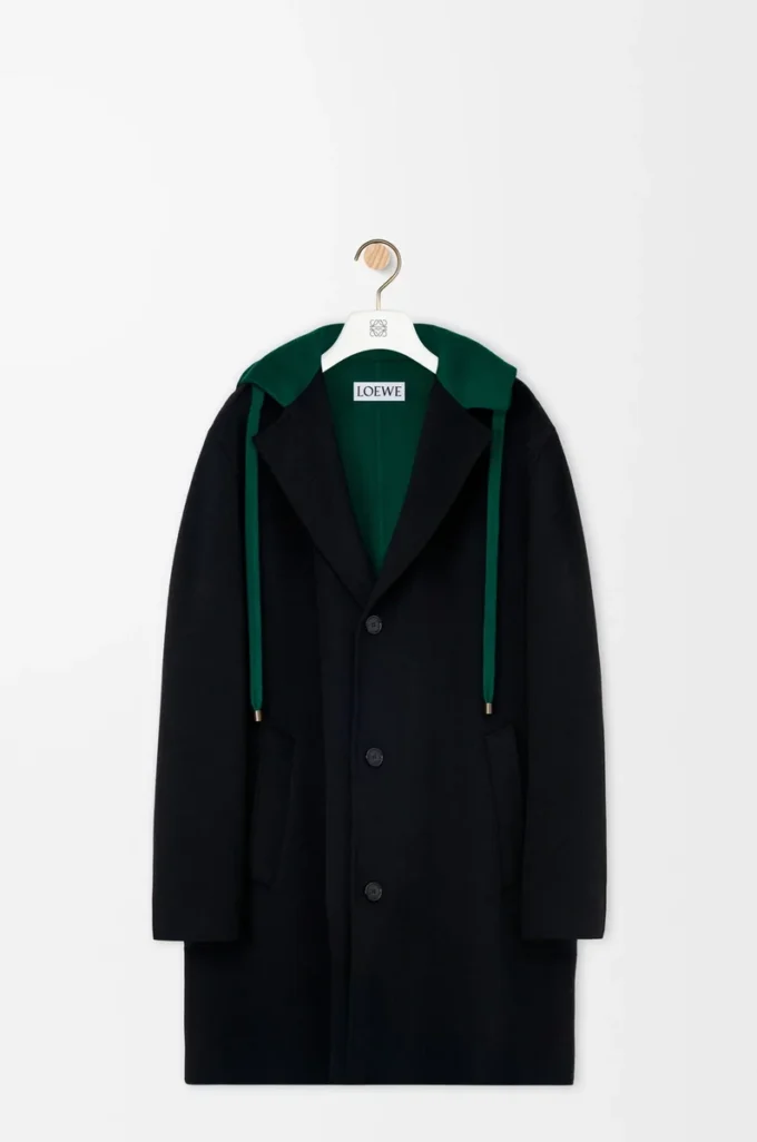 Hooded coat in wool and cashmere Black/Green Hooded coat in wool and cashmere Black/Green