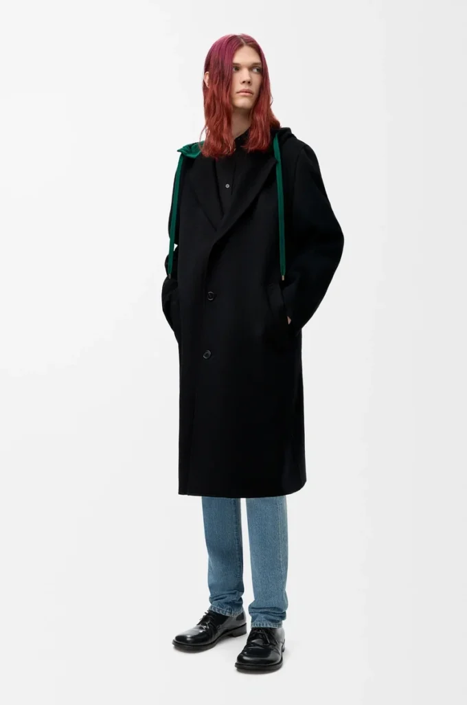 Hooded coat in wool and cashmere Black/Green Hooded coat in wool and cashmere Black/Green