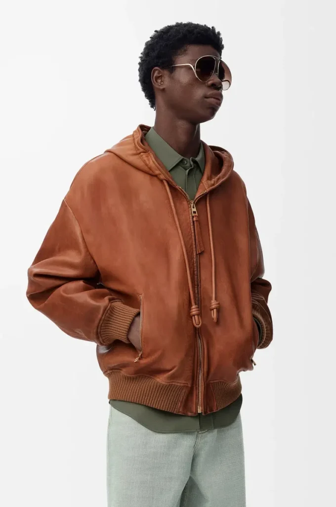 Hooded jacket in nappa lambskin Tan