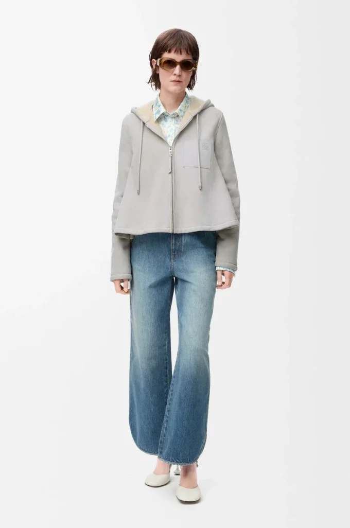 Hooded jacket in shearling Light Grey Melange Hooded jacket in shearling Light Grey Melange
