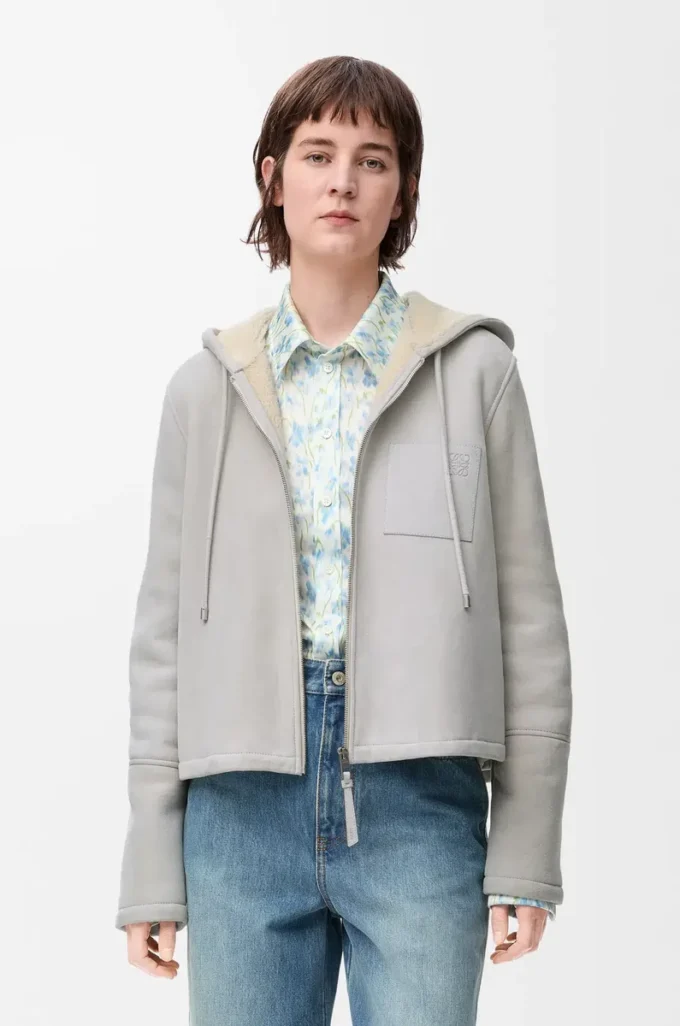 Hooded jacket in shearling Light Grey Melange Hooded jacket in shearling Light Grey Melange