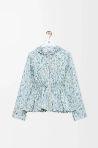 Hooded jacket in silk blend taffeta White/Blue