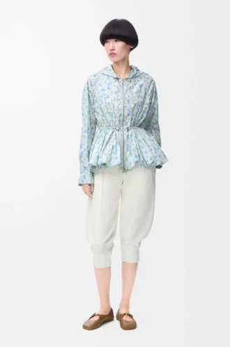 Hooded jacket in silk blend taffeta White/Blue