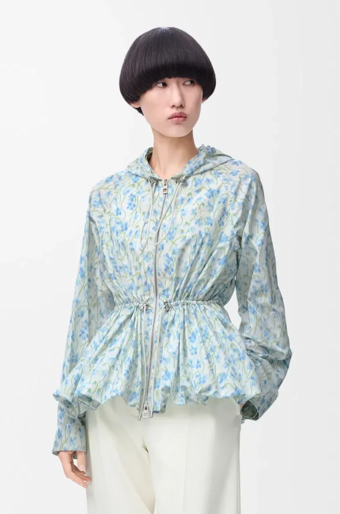Hooded jacket in silk blend taffeta White/Blue Hooded jacket in silk blend taffeta White/Blue